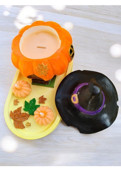 Balkabaklı Rüya Set 2 (Sunumluklu Cadı Balkabağı Evi Mum & Minik Balkabağı Mum Set)