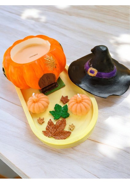 Balkabaklı Rüya Set 2 (Sunumluklu Cadı Balkabağı Evi Mum & Minik Balkabağı Mum Set)