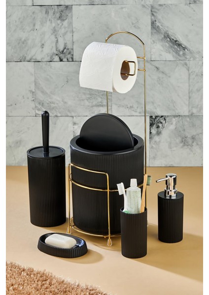 Gold 6 Parça Banyo Seti Metal Standlı Çöp Kovalı Wc Kağıtlık ve Tuvalet Fırçası Katı- Sıvı Sabunluk