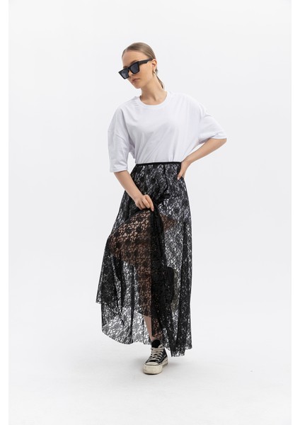 Maxi Dantel Etek-Beli Lastikli Siyah