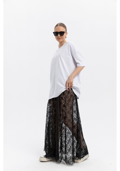 Maxi Dantel Etek-Beli Lastikli Siyah modelleri
