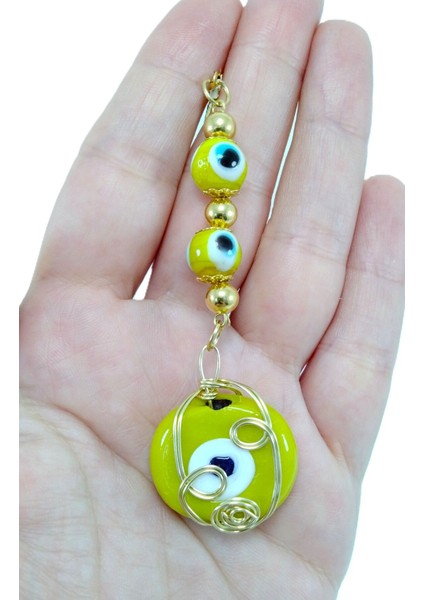 Metal Tel Örme Sarı Danagözü Araba Dikiz Ayna Süsü Hediyelik Aksesuar, Sarı Nazar Boncuklu