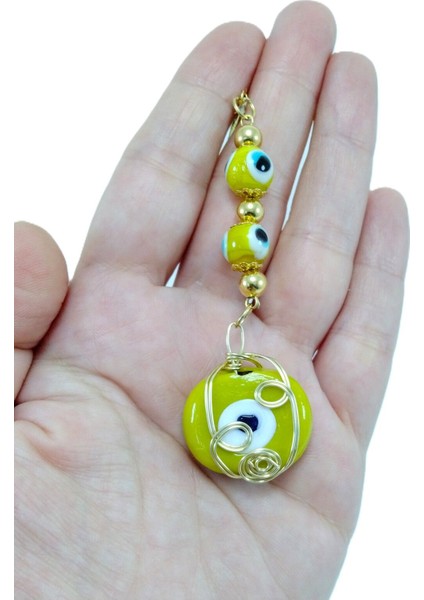 Metal Tel Örme Sarı Danagözü Araba Dikiz Ayna Süsü Hediyelik Aksesuar, Sarı Nazar Boncuklu