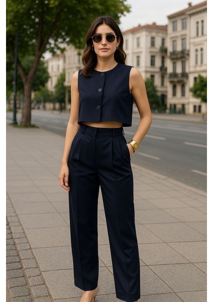 Shawty Lacivert Önden Düğmeli Takım