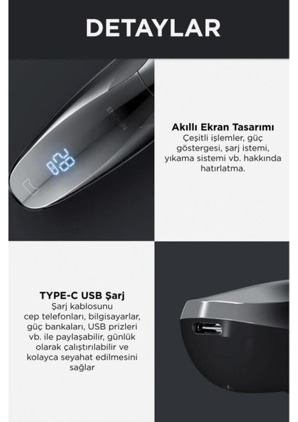 TeknoTrust Çift Yönlü Kavisli Bıçaklı Dijital Ekranlı Kablosuz Tıraş Makinesi Siyah indirimleri