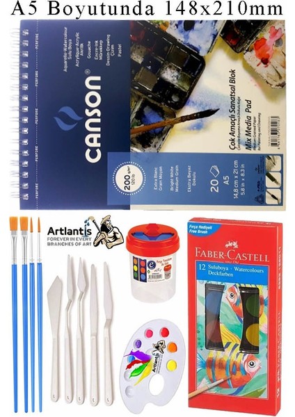 Canson Çok Amaçlı Sanatsal Blok A5 200 gr 20 Yaprak 1 Adet 12 Renk Sulu Boya Fırça Palet Spatula Fırça Temizleme Kabı