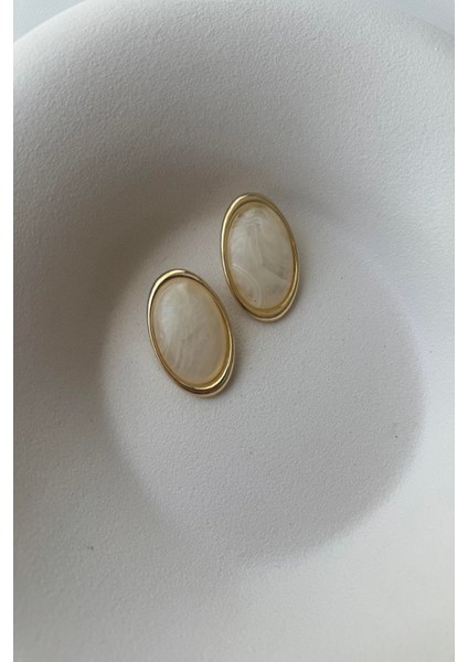 Kararmaz Çelik Oval Krem Kadın Küpe Yazlık Küpe Abiye Küpe Vintage Küpe