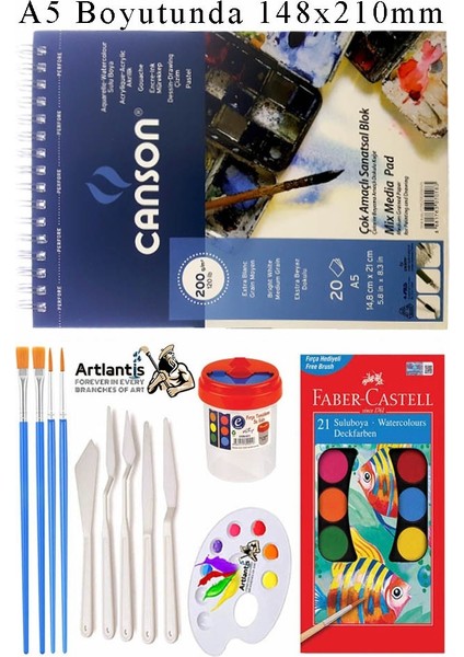 Canson Çok Amaçlı Sanatsal Blok A5 200 gr 20 Yaprak 1 Adet 21 Renk Sulu Boya Fırça Palet Spatula Fırça Temizleme Kabı