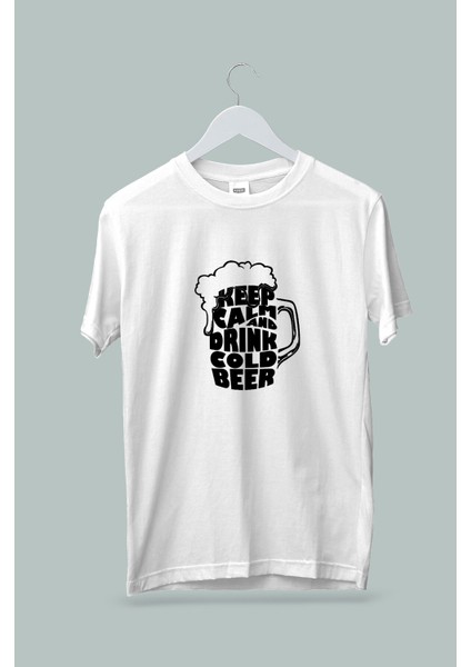 Kaliteli Penye Kadın Erkek Unisex Yetişkin Baskılı Beyaz Gri Tshirt Keep Calm Drink Beer Beyaz