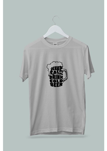 Kaliteli Penye Kadın Erkek Unisex Yetişkin Baskılı Beyaz Gri Tshirt Keep Calm Drink Beer Beyaz
