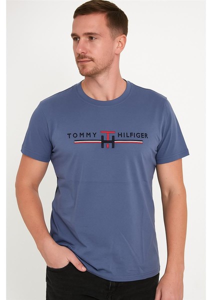 Trend Kapında Tommy Bisiklet Yaka Nakışlı Tshirt Koyu Mavi modelleri