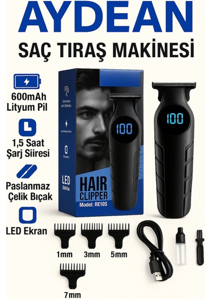 Profesyonel Saç Sakal Ense Tıraş Makinesi - Şarjlı, LED Ekranlı, USB Girişli
