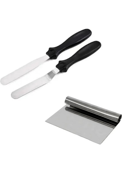 Metal Pasta Spatulası 2li ve Çelik Kazıyıcı 15 cm Pasta Sıvama Tarağı Bıçağı ve Pasta Dekor Tarağı
