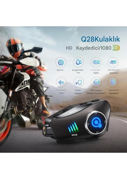 Q28 Wifi Kameralı Motosiklet Kask Kulaklık Interkom Bluetooth Sd Kart Destekli Su Geçirmez Intercom