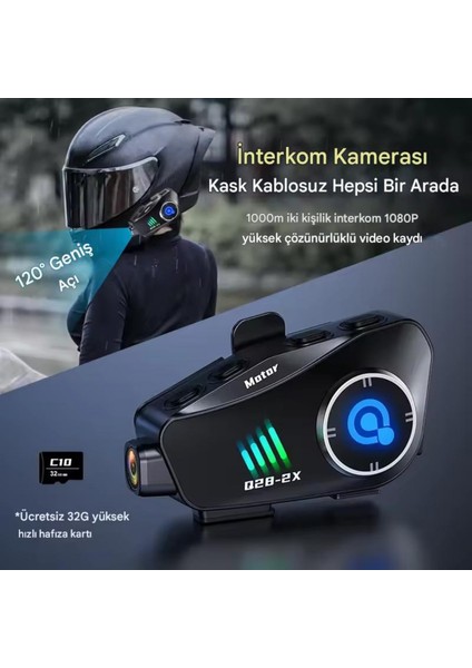 Q28 Wifi Kameralı Motosiklet Kask Kulaklık Interkom Bluetooth Sd Kart Destekli Su Geçirmez Intercom
