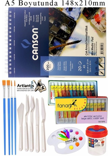 Canson Çok Amaçlı Sanatsal Blok A5 200 gr 20 Yaprak 1 Adet 12 Renk Akrilik Boya Fırça Palet Spatula Fırça Temizleme Kabı