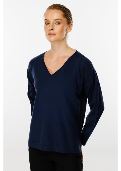 V Yaka Basic Triko Bluz-Lacivert
