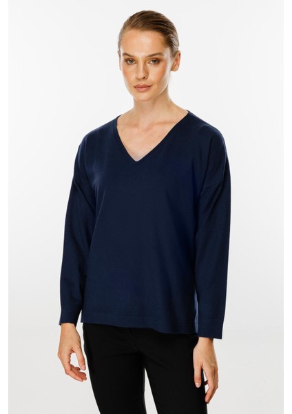 V Yaka Basic Triko Bluz-Lacivert fiyatları
