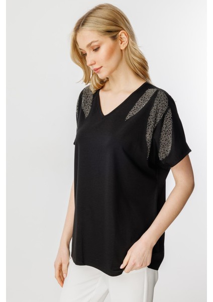 Omuz Taşlı Kısa Kollu Bluz-Siyah fırsatları