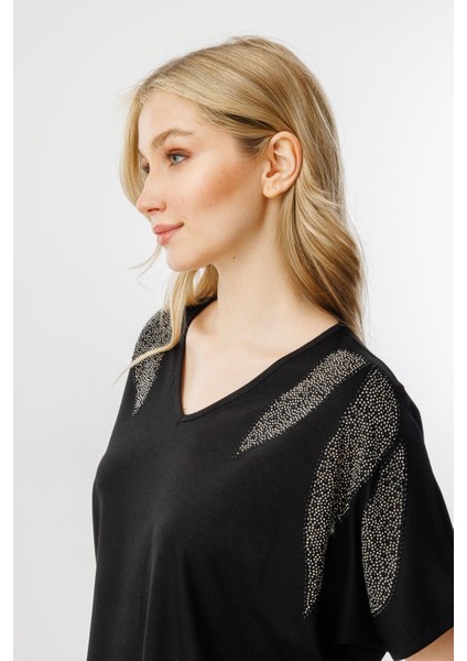 Omuz Taşlı Kısa Kollu Bluz-Siyah indirimleri