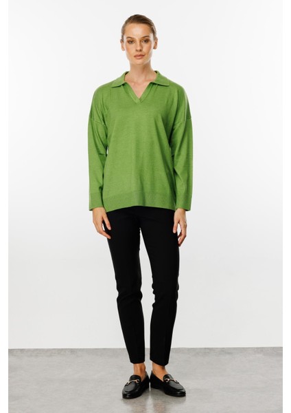 Gömlek Yaka Triko Bluz-Yesil