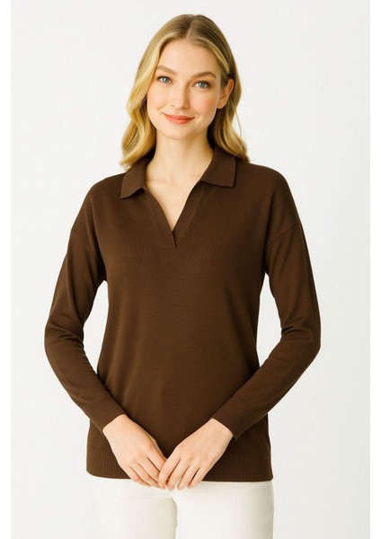 Polo Yaka Uzun Kollu Triko Bluz-Kahve