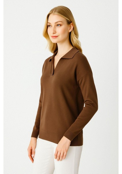 Polo Yaka Uzun Kollu Triko Bluz-Kahve fiyatları