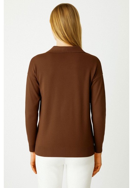 Polo Yaka Uzun Kollu Triko Bluz-Kahve modelleri