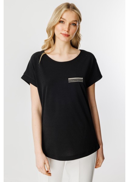 Cep Detaylı Kısa Kol Bluz-Siyah