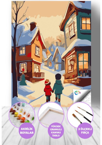 Kış Masalı Sayılarla Boyama Seti, Hobi Seti, 40X50 Tablo, Fırça Boya, Numaralı Tuval