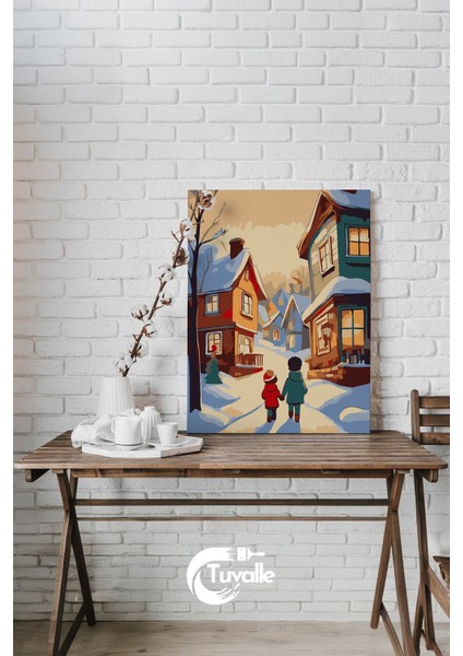 Kış Masalı Sayılarla Boyama Seti, Hobi Seti, 40X50 Tablo, Fırça Boya, Numaralı Tuval