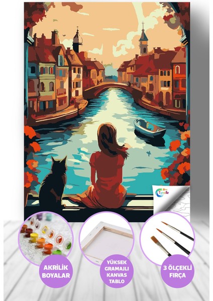 Nehrin Kıyısında Akşam Sayılarla Boyama Seti, Hobi Seti, 40X50 Tablo, Fırça Boya, Numaralı Tuval