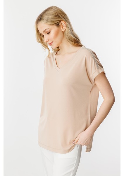 Zincir Detaylı V Yaka Bluz-Vizon fırsatları