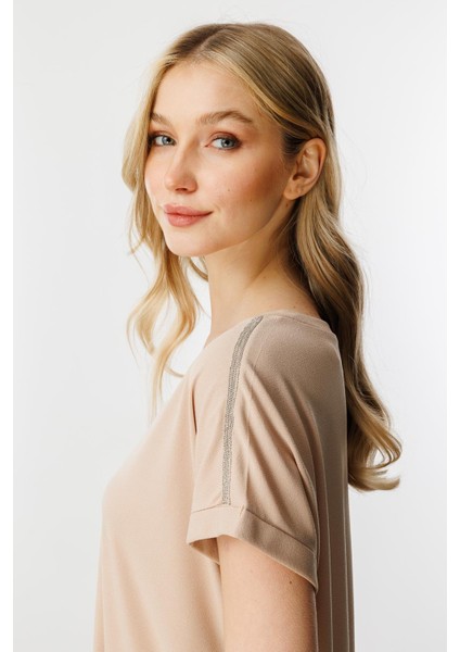 Zincir Detaylı V Yaka Bluz-Vizon indirimleri