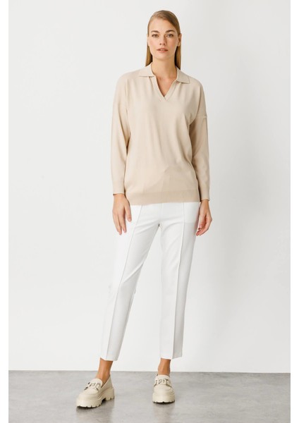 Polo Yaka Uzun Kollu Triko Bluz-Taş