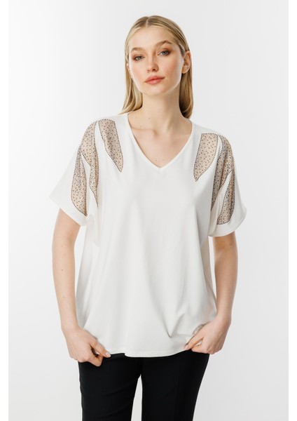 Omuz Taşlı Kısa Kollu Bluz-Ekru fiyatları