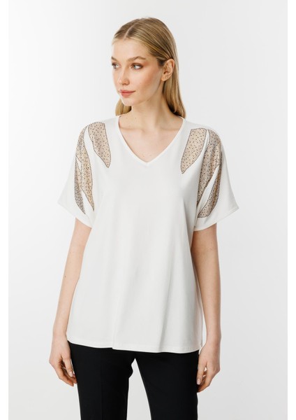 Omuz Taşlı Kısa Kollu Bluz-Ekru modelleri