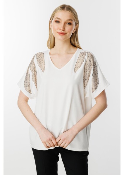 Omuz Taşlı Kısa Kollu Bluz-Ekru indirimleri