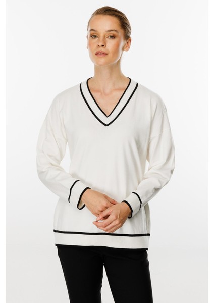 Çizgili V Yaka Triko Bluz-Ekru fiyatları