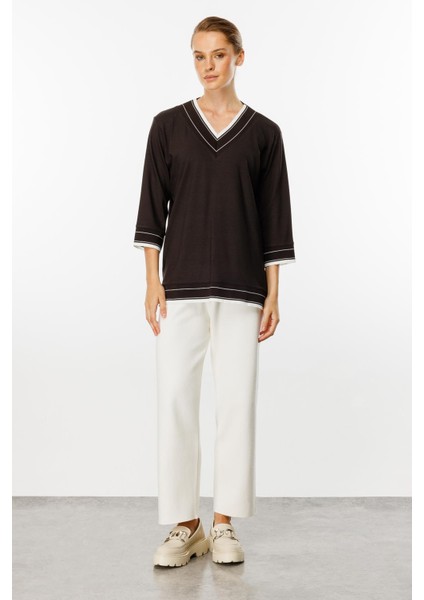 V Yaka Ribanalı Örme Bluz-Kahve