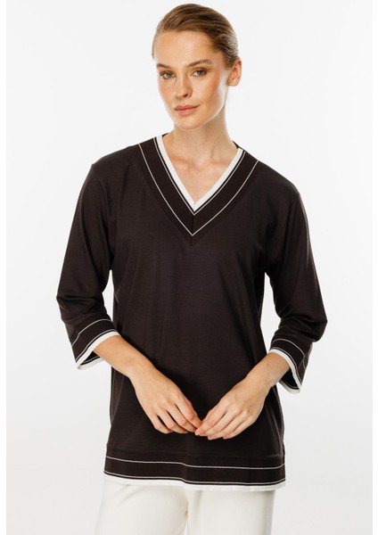 V Yaka Ribanalı Örme Bluz-Kahve fiyatları