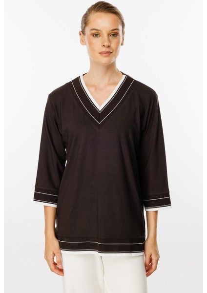 V Yaka Ribanalı Örme Bluz-Kahve modelleri