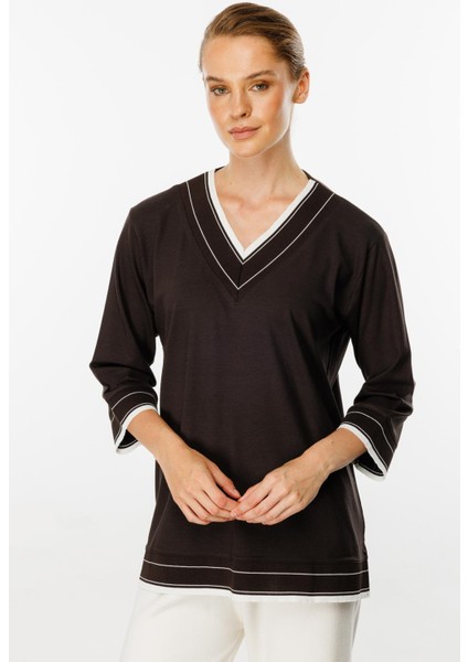 V Yaka Ribanalı Örme Bluz-Kahve fırsatları
