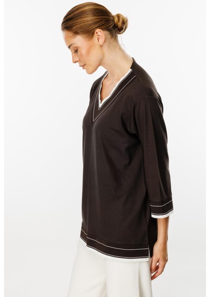 V Yaka Ribanalı Örme Bluz-Kahve indirimleri