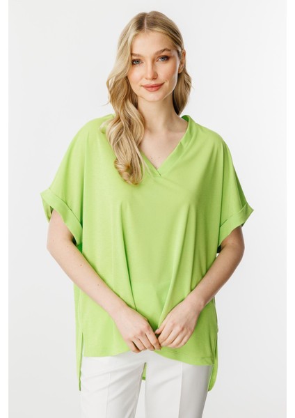 Oversize V Yaka Kısa Kol Bluz-Yesil fiyatları