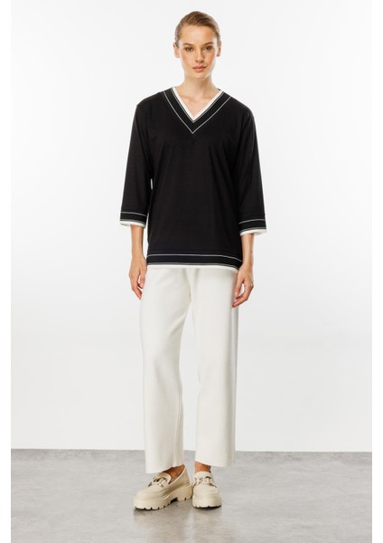 V Yaka Ribanalı Örme Bluz-Siyah