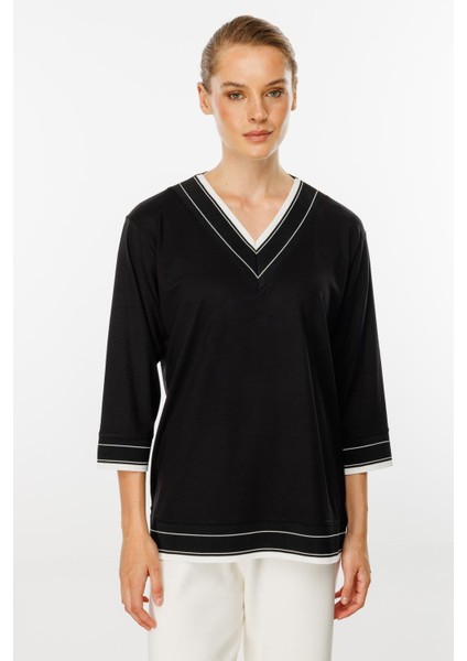 V Yaka Ribanalı Örme Bluz-Siyah modelleri