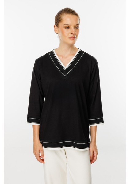 V Yaka Ribanalı Örme Bluz-Siyah fırsatları