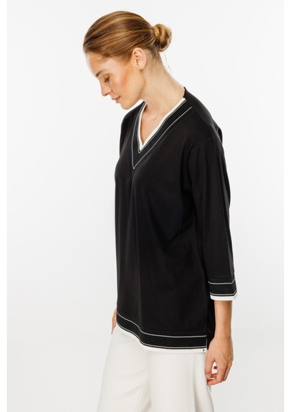 V Yaka Ribanalı Örme Bluz-Siyah indirimleri