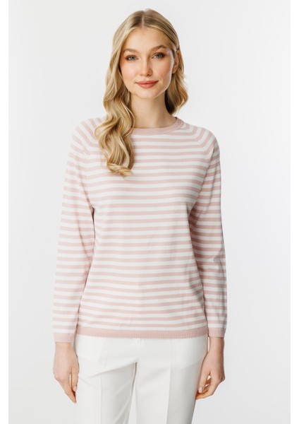 Çizgili Uzun Kol Yazlık Triko Bluz-Pudra - Ekru
